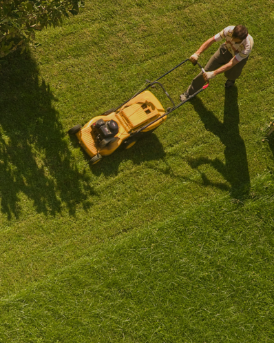 un jardinier paysagiste maison helya passe la tondeuse dans le parc d'une propriété d'exception